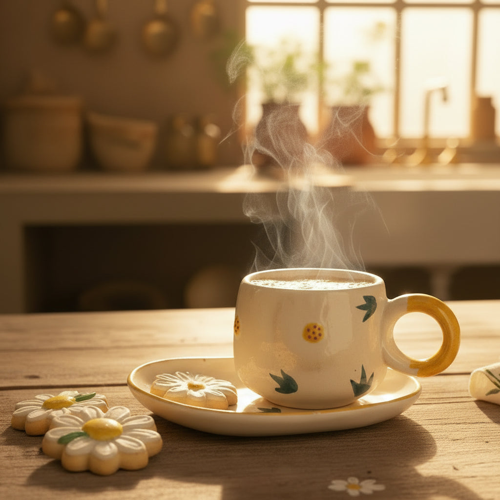 The "Blossom Ritual" Handcrafted Daisy Mug, Bowl & Plate Set
