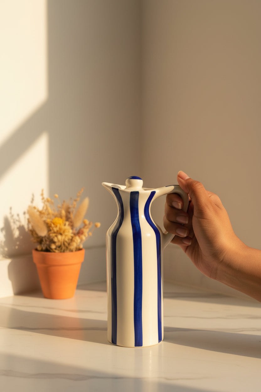 Blue Bloom Handcrafted Ceramic Oil Dispenser – 350 mL