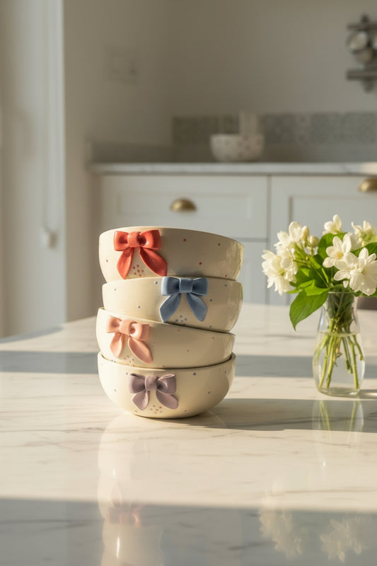Handcrafted Bow Embossed Ceramic Bowl – 6 Inch | Available in 4 Colors / Single piece