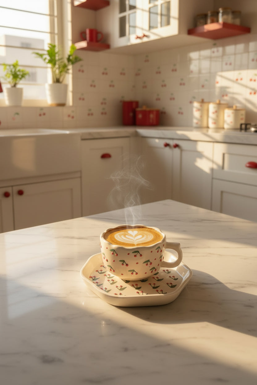 Cherry Blosoom cappuccino mug and dessert plate