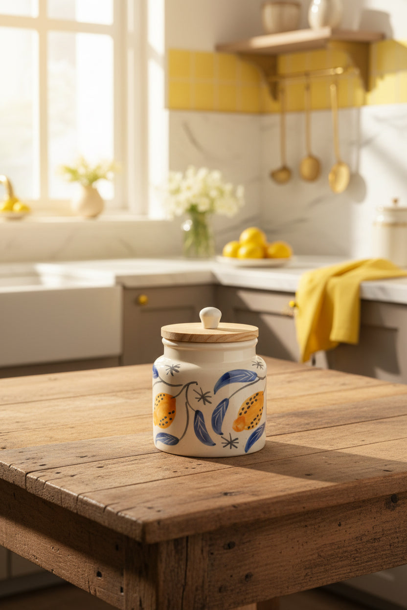 Handpainted Ceramic Airtight Storage Jar with Wooden Lid – 500 mL
