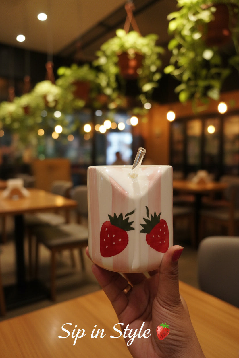 Strawberry Bliss Ceramic sipper with straw