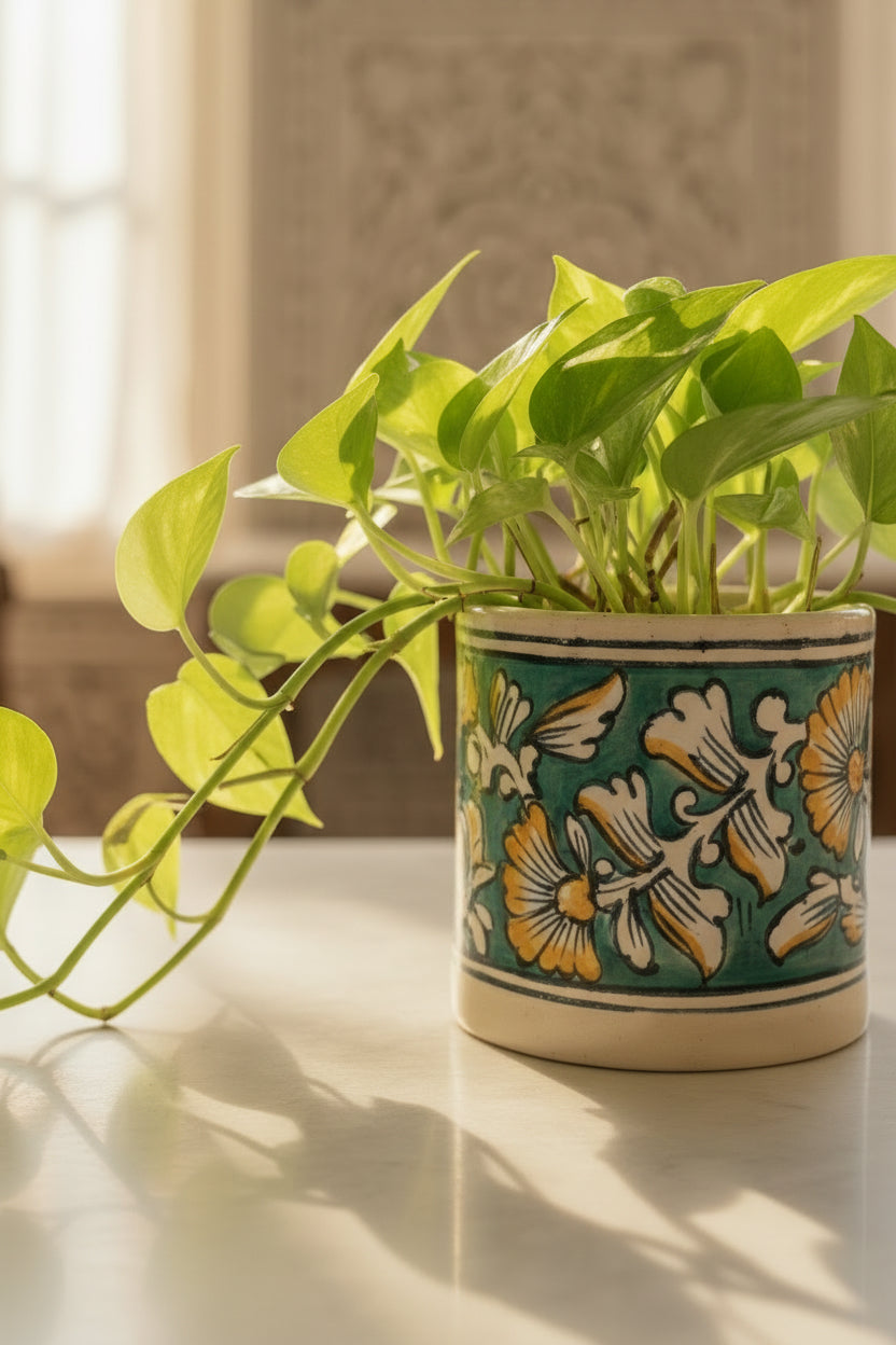 Mughal Hand-Painted Ceramic Planter | Handmade Floral Indoor Pot | 4 x 5 Inch | My Crockery Shop