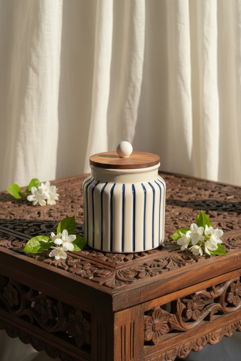Handpainted Ceramic Airtight Storage Jar with Wooden Lid – 500 mL
