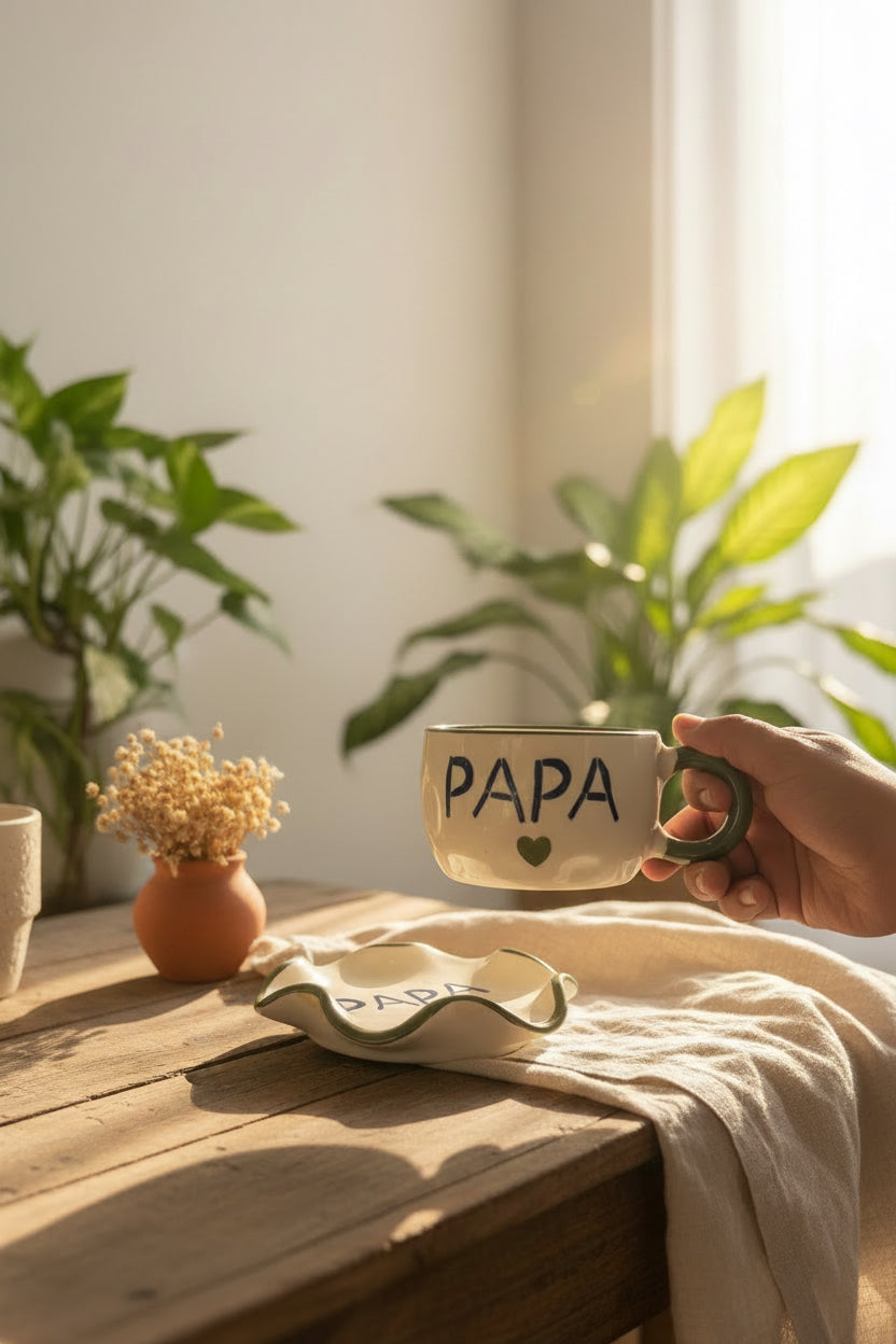 Mum & Papa Ceramic Mug & Saucer Set – Handcrafted Gift Set | 220 mL | Microwave Safe