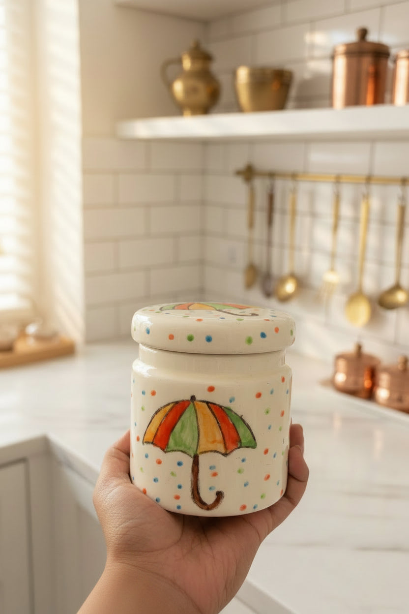 Hand-Painted Umbrella Ceramic Mini Jar with Lid (300mL) – Eco-Friendly Handcrafted Decorative Kitchen Canister and Multi-Purpose Utility Pot (4" x 3")