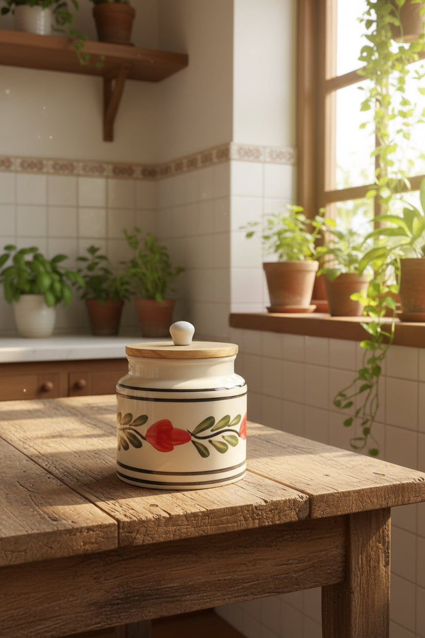 Handpainted Ceramic Airtight Storage Jar with Wooden Lid – 500 mL