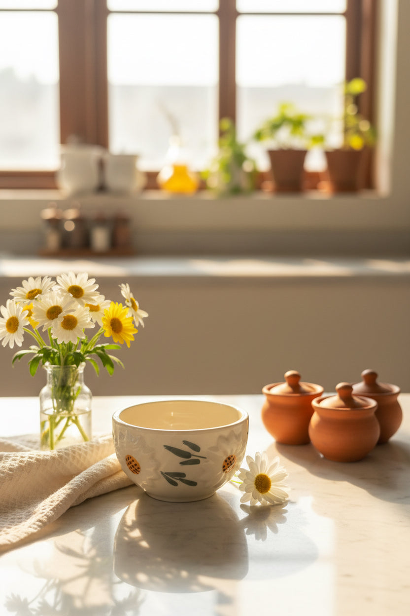 The "Blossom Ritual" Handcrafted Daisy Mug, Bowl & Plate Set