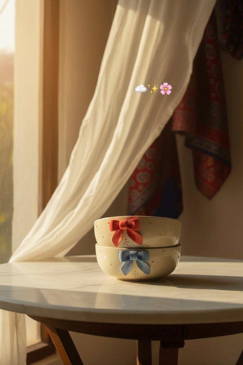 Handcrafted Bow Embossed Ceramic Bowl – 6 Inch | Available in 4 Colors / Single piece