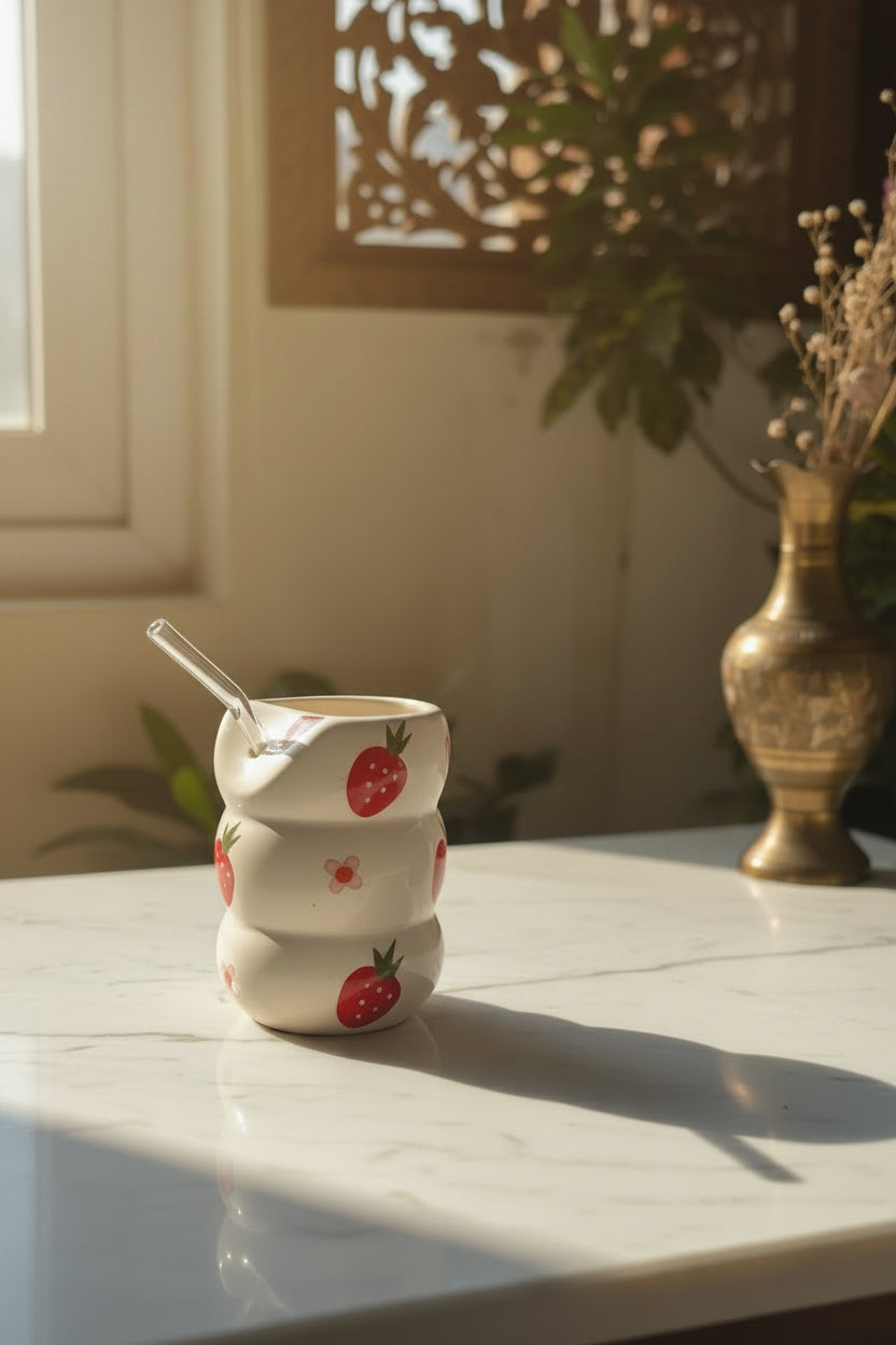 Strawberry Swirl Hand-Painted Ceramic Sipper with Glass Straw | 300 mL
