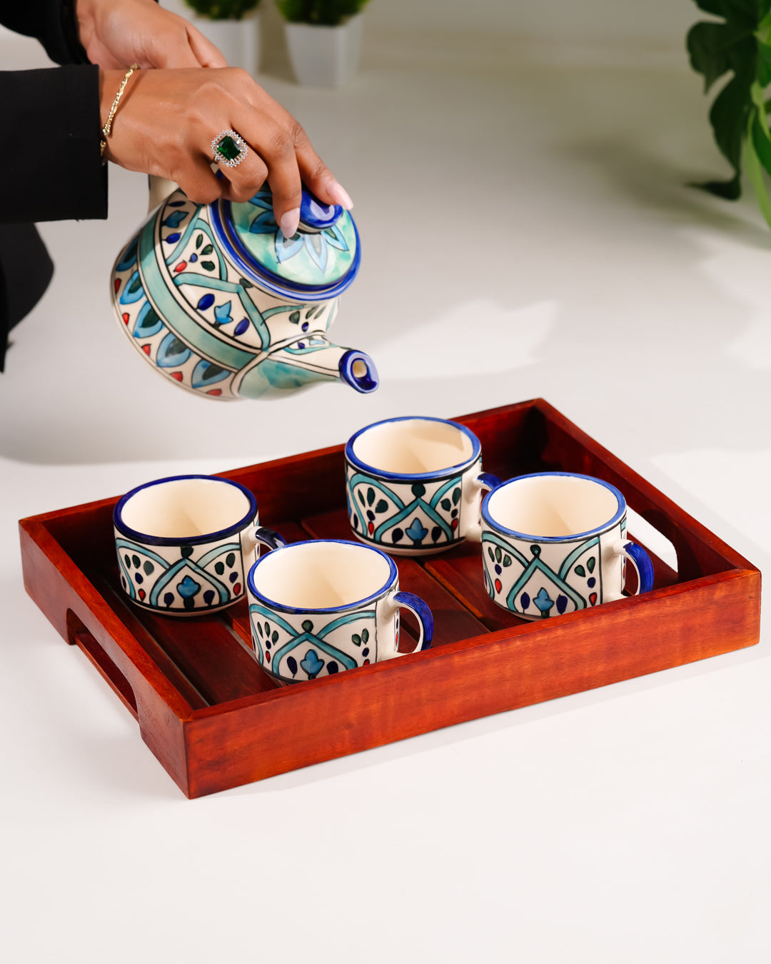 My Crockery Shop Hand-Painted Ceramic Tea Set – 4 Cups, Kettle & Wooden Tray