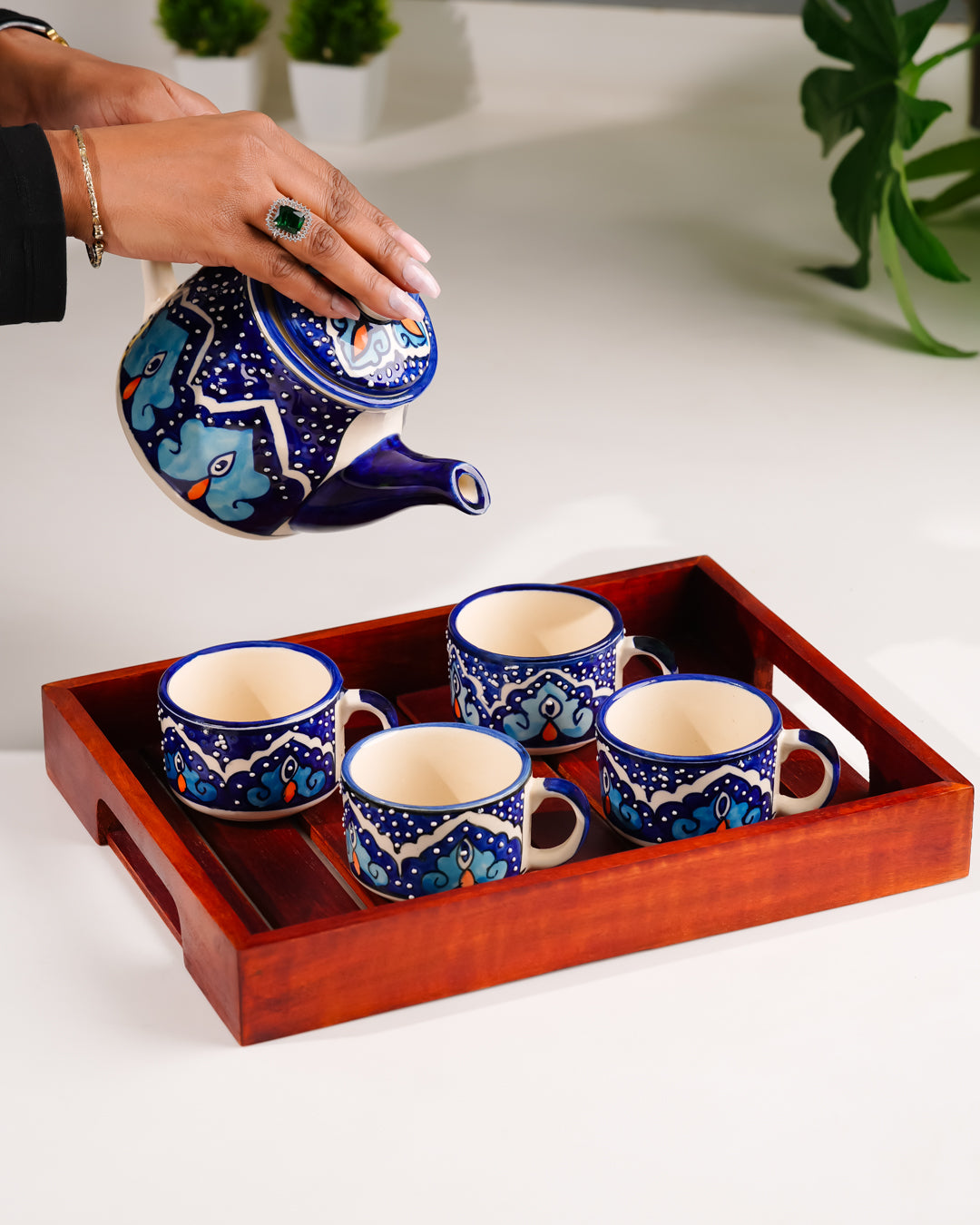 My Crockery Shop Hand-Painted Ceramic Tea Set – 4 Cups, Kettle & Wooden Tray