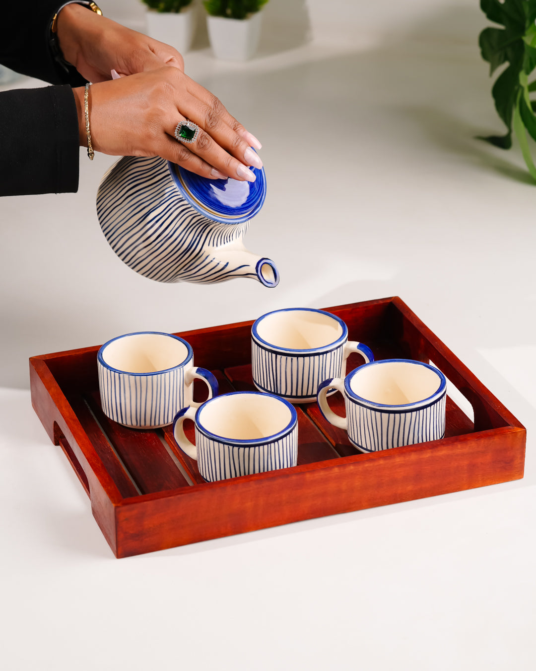 My Crockery Shop Hand-Painted Ceramic Tea Set – 4 Cups, Kettle & Wooden Tray