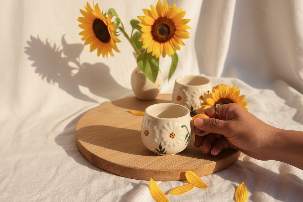 🌻 Sunny Bloom Embossed Tea Cup cups ( set of 1 )