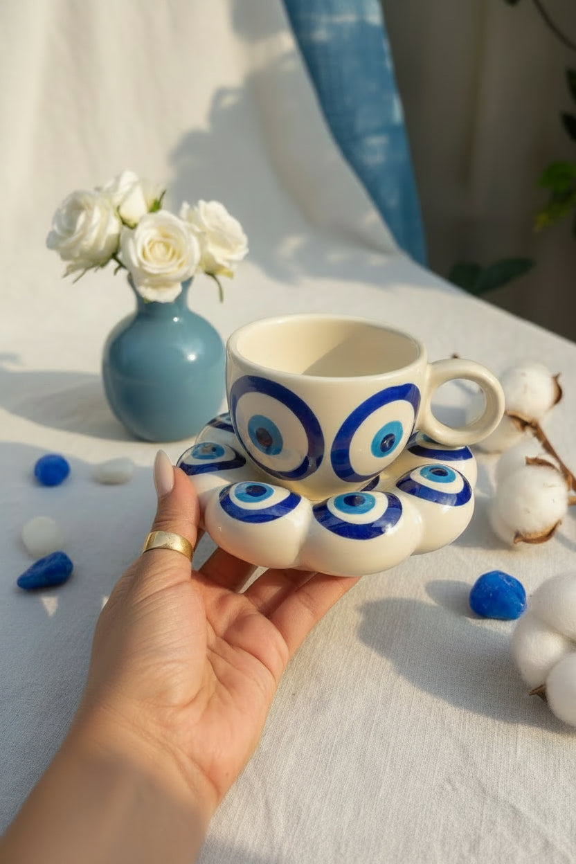Evil Eye Ceramic Cup & Saucer Set – Handcrafted Protection Collection