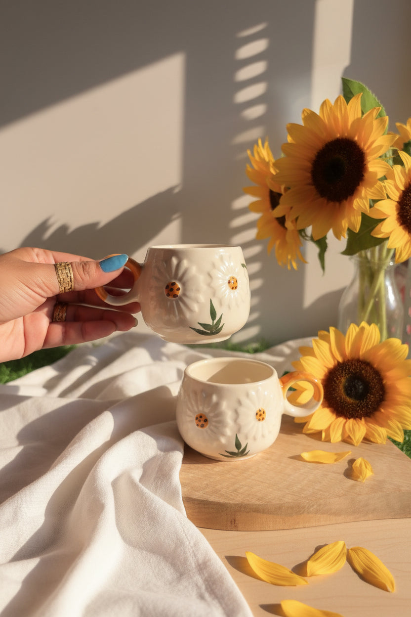 🌻 Sunny Bloom Embossed Tea Cup cups ( set of 1 )