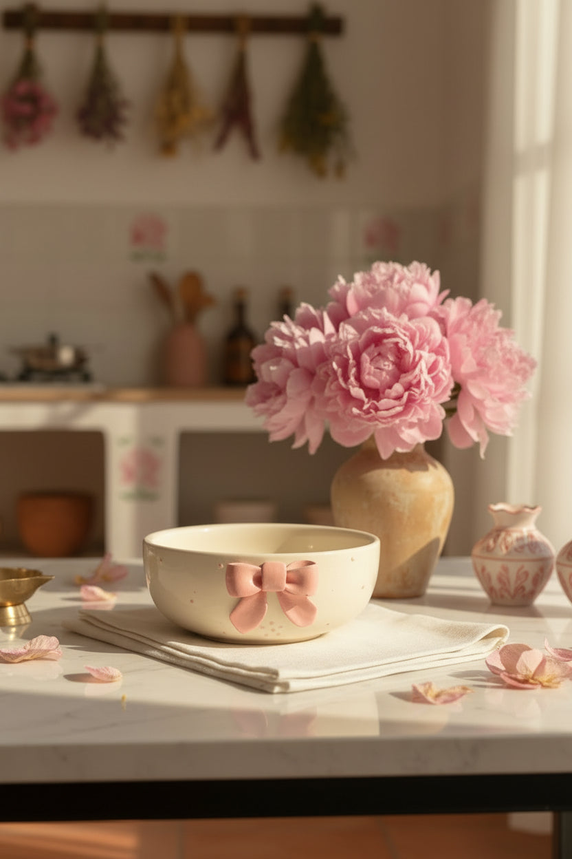 Handcrafted Bow Embossed Ceramic Bowl – 6 Inch | Available in 4 Colors / Single piece
