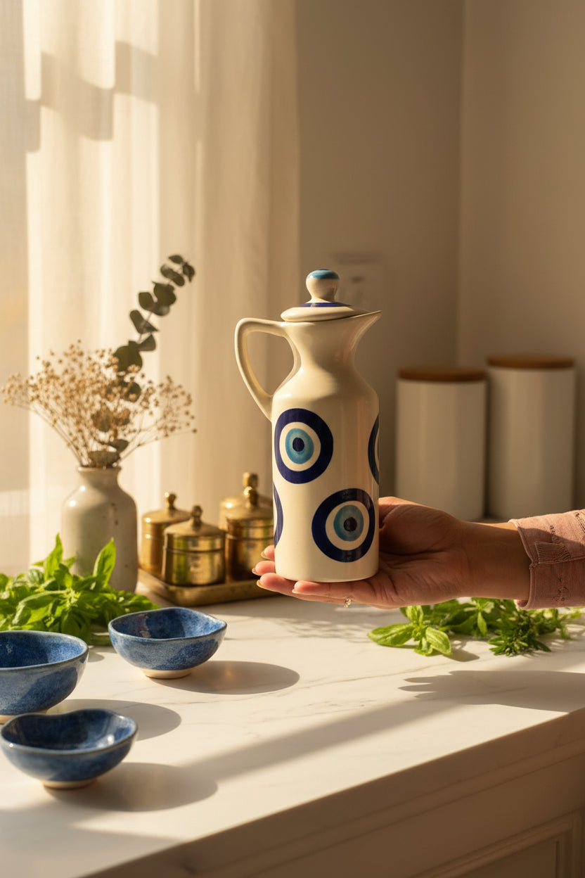 Evil Eye & Blue Floral Handcrafted Ceramic Oil Dispenser – 350 mL