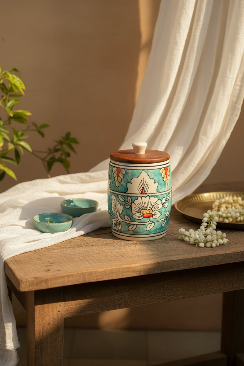 Premium Floral Ceramic Airtight Storage Jar – 900 mL | Wooden Airtight Lid | Handcrafted Kitchen Storage