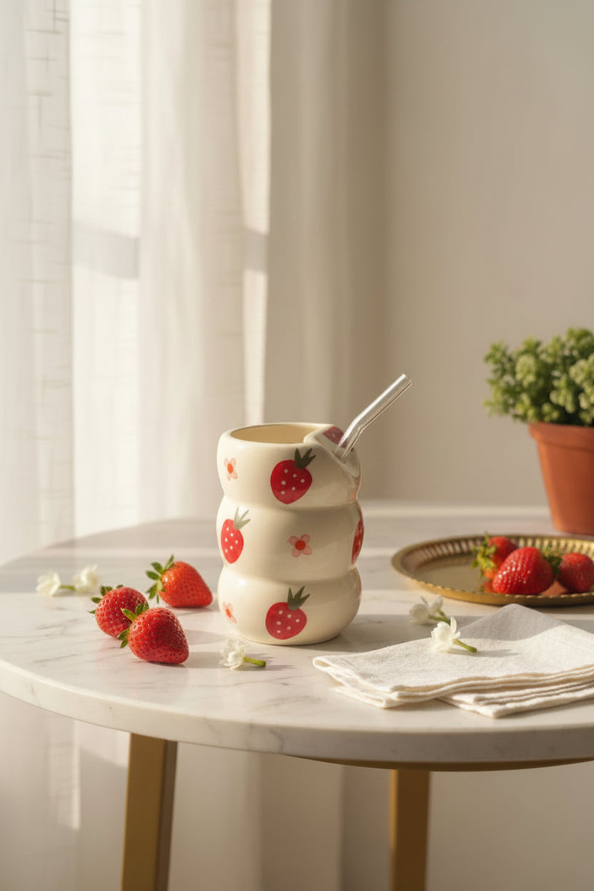 Strawberry Swirl Hand-Painted Ceramic Sipper with Glass Straw | 300 mL