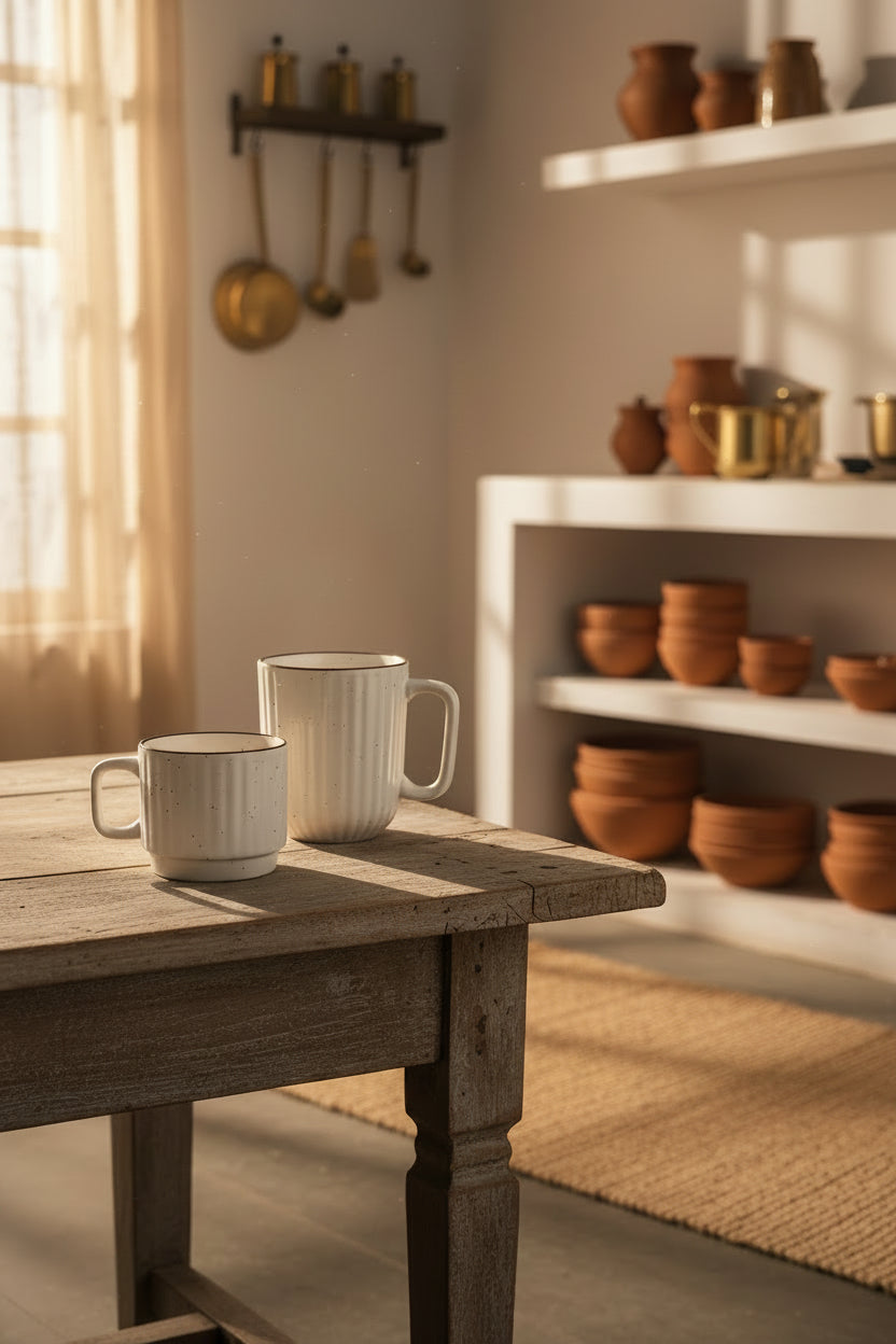 Rustic Stripe Ceramic Mug – 300 and 180  mL | White & Brown | My Crockery Shop ( set of two )