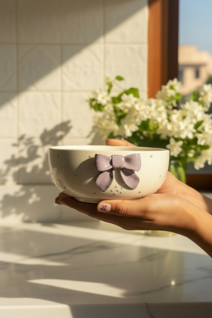 Handcrafted Bow Embossed Ceramic Bowl – 6 Inch | Available in 4 Colors / Single piece