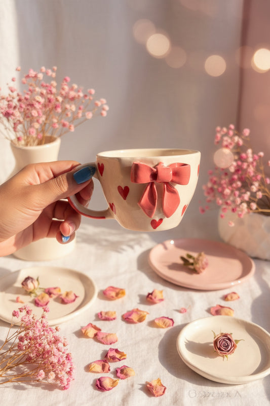 Blush Bow Heart Mug – 220 mL 🎀💕
 ( set of 1)