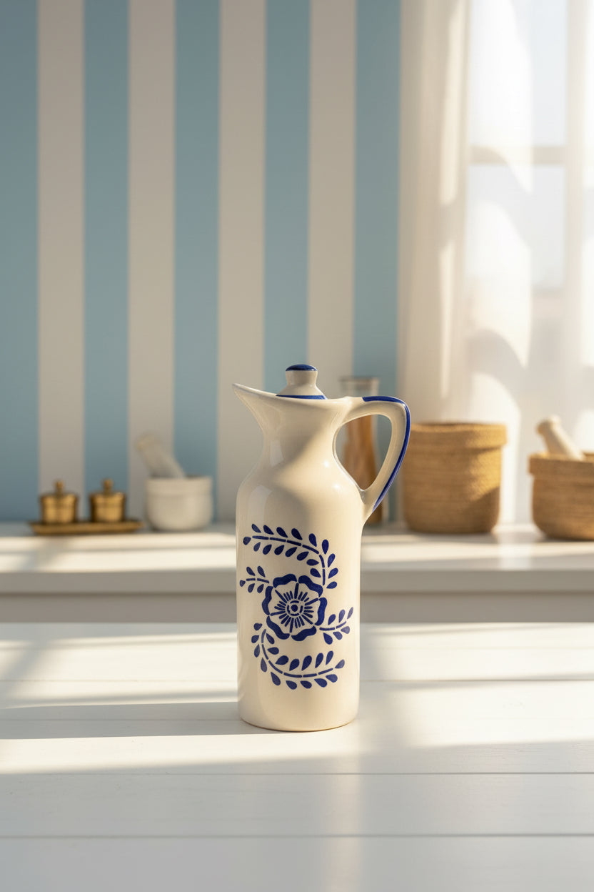 Blue Bloom Handcrafted Ceramic Oil Dispenser – 350 mL