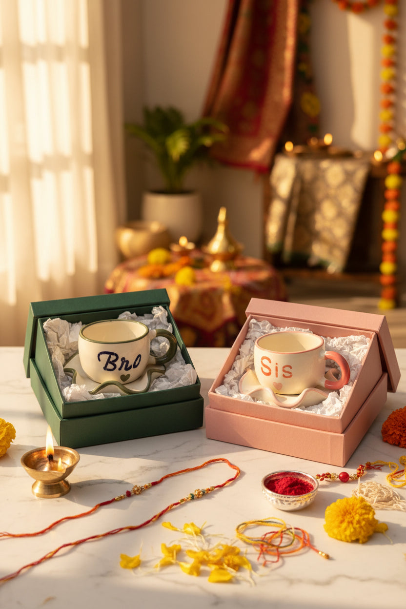 Bro & Sis Ceramic Mug & Saucer Set – Raksha Bandhan Gift Set | 220 mL | Microwave Safe