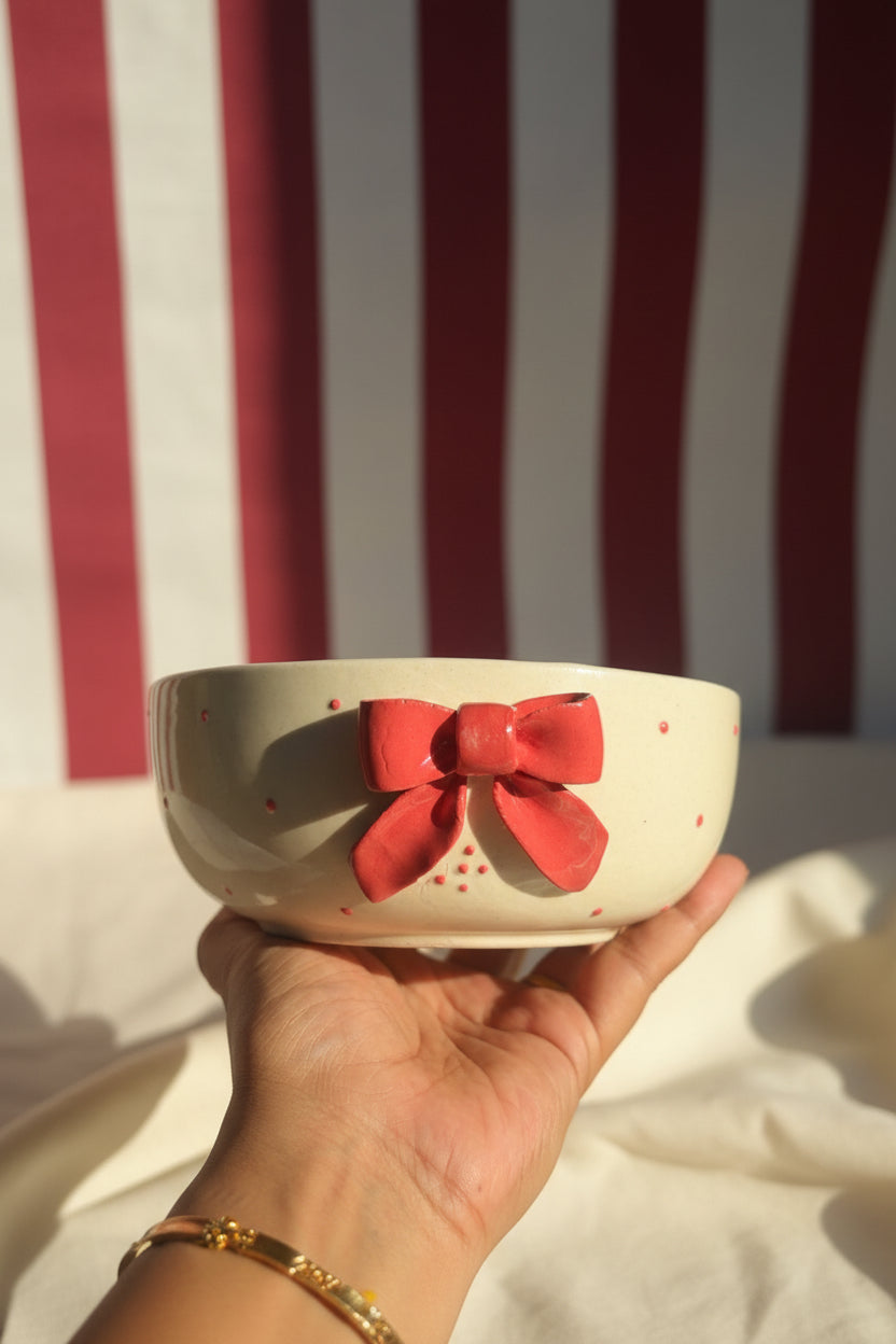 Handcrafted Bow Embossed Ceramic Bowl – 6 Inch | Available in 4 Colors / Single piece