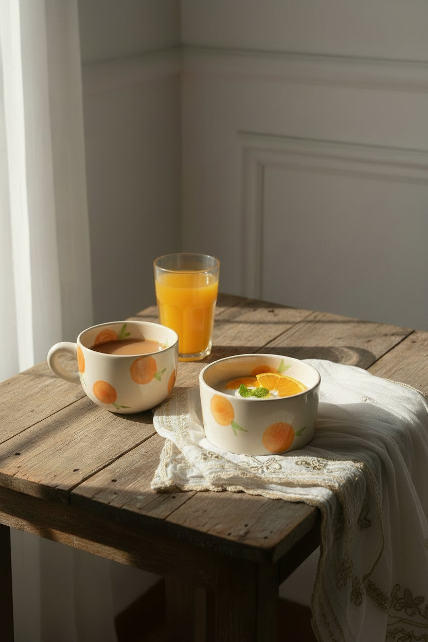 Citrus Bliss Ceramic Mug & Bowl Combo – Handpainted Orange Collection