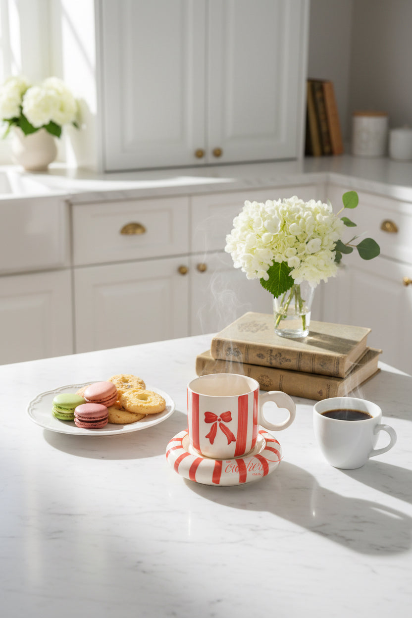 My Crockery shop bow and stripes cup saucer set