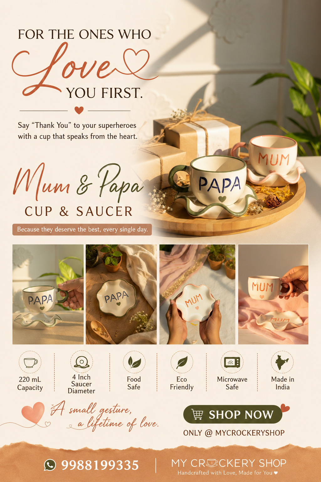 Mum & Papa Ceramic Mug & Saucer Set – Handcrafted Gift Set | 220 mL | Microwave Safe