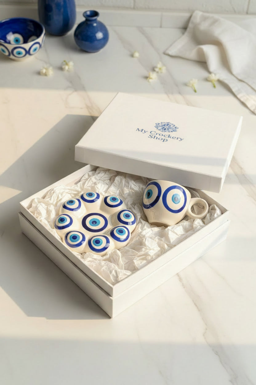 Evil Eye Ceramic Cup & Saucer Set – Handcrafted Protection Collection
