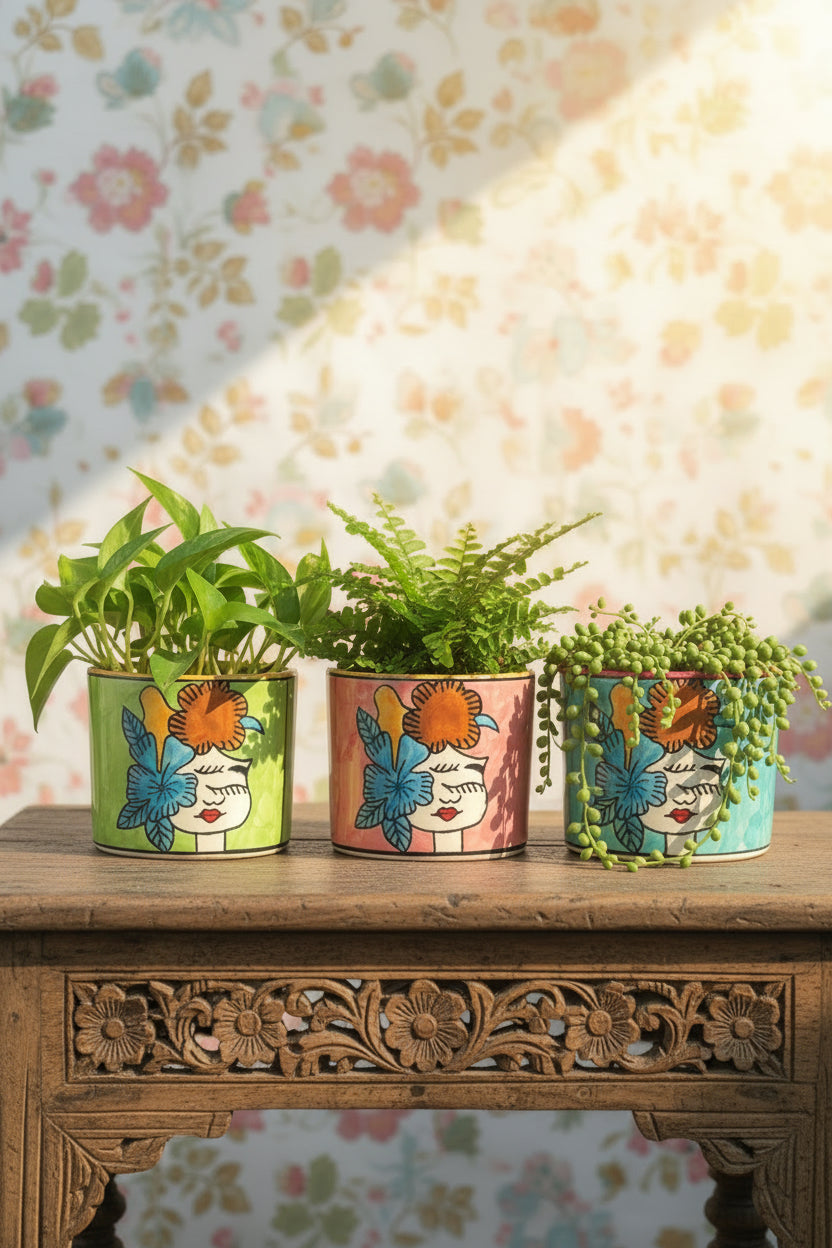 Hand-Painted Floral Girl Ceramic Multipurpose Holder | Planter, Vase & Organizer | 5 x 4 Inch | My Crockery Shop