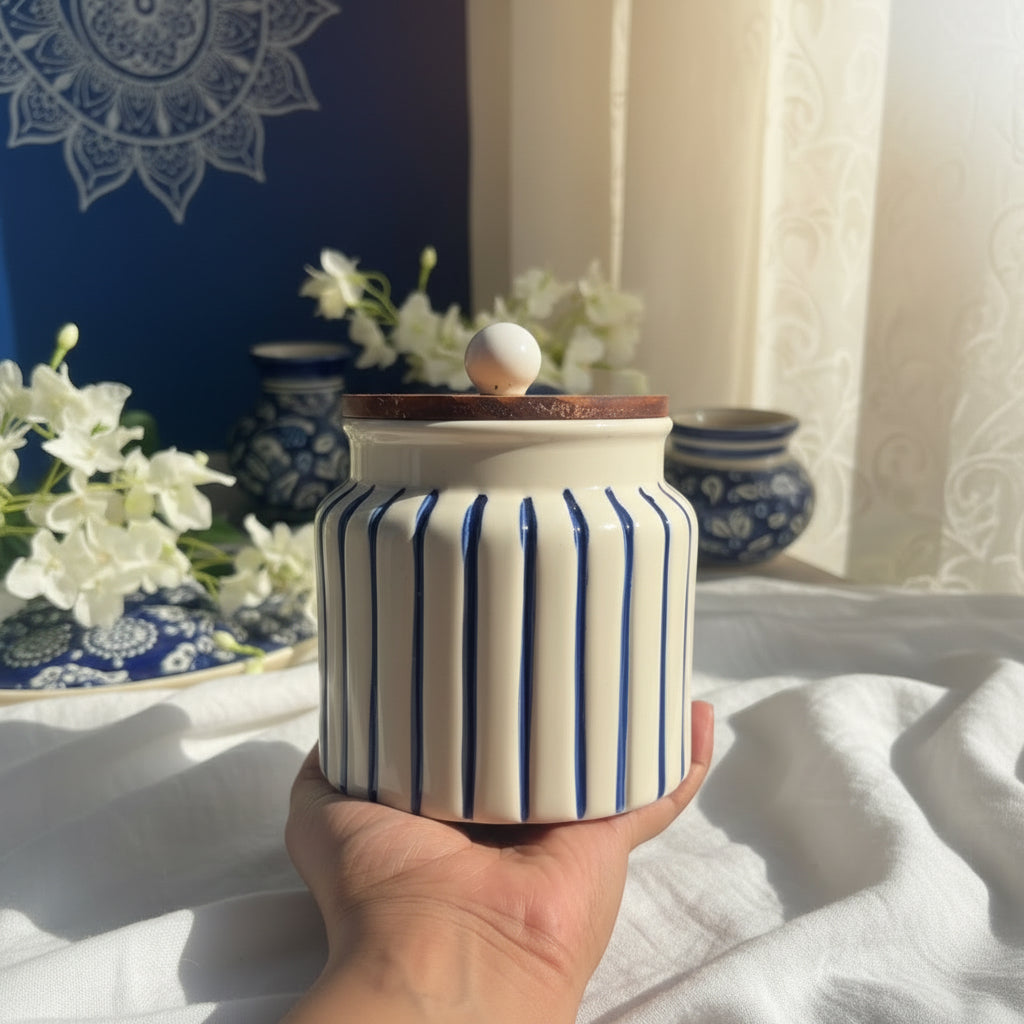 Handpainted Ceramic Airtight Storage Jar with Wooden Lid – 500 mL