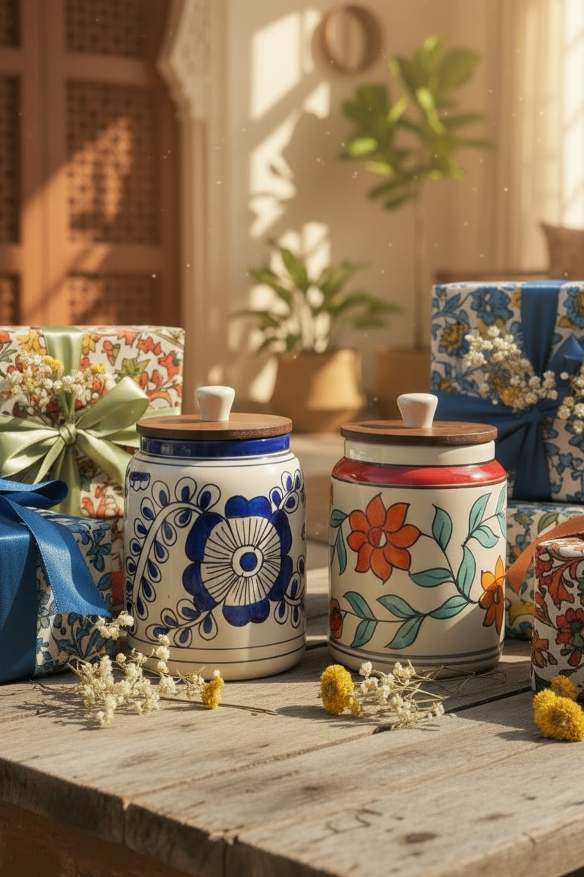 Premium Floral Ceramic Airtight Storage Jar – 900 mL | Wooden Airtight Lid | Handcrafted Kitchen Storage