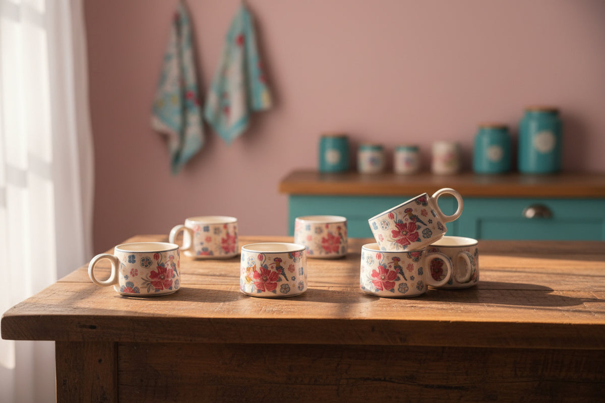 🌸 Multicolour & Floral Tea Cups – Set of 6