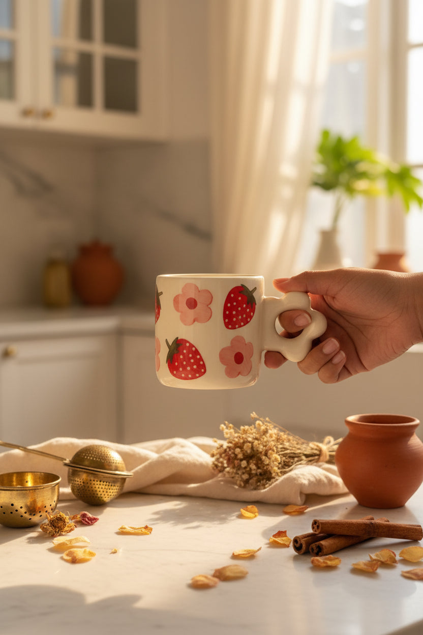 Bloom & Berry Ceramic Mug with Floral Saucer – 300 mL