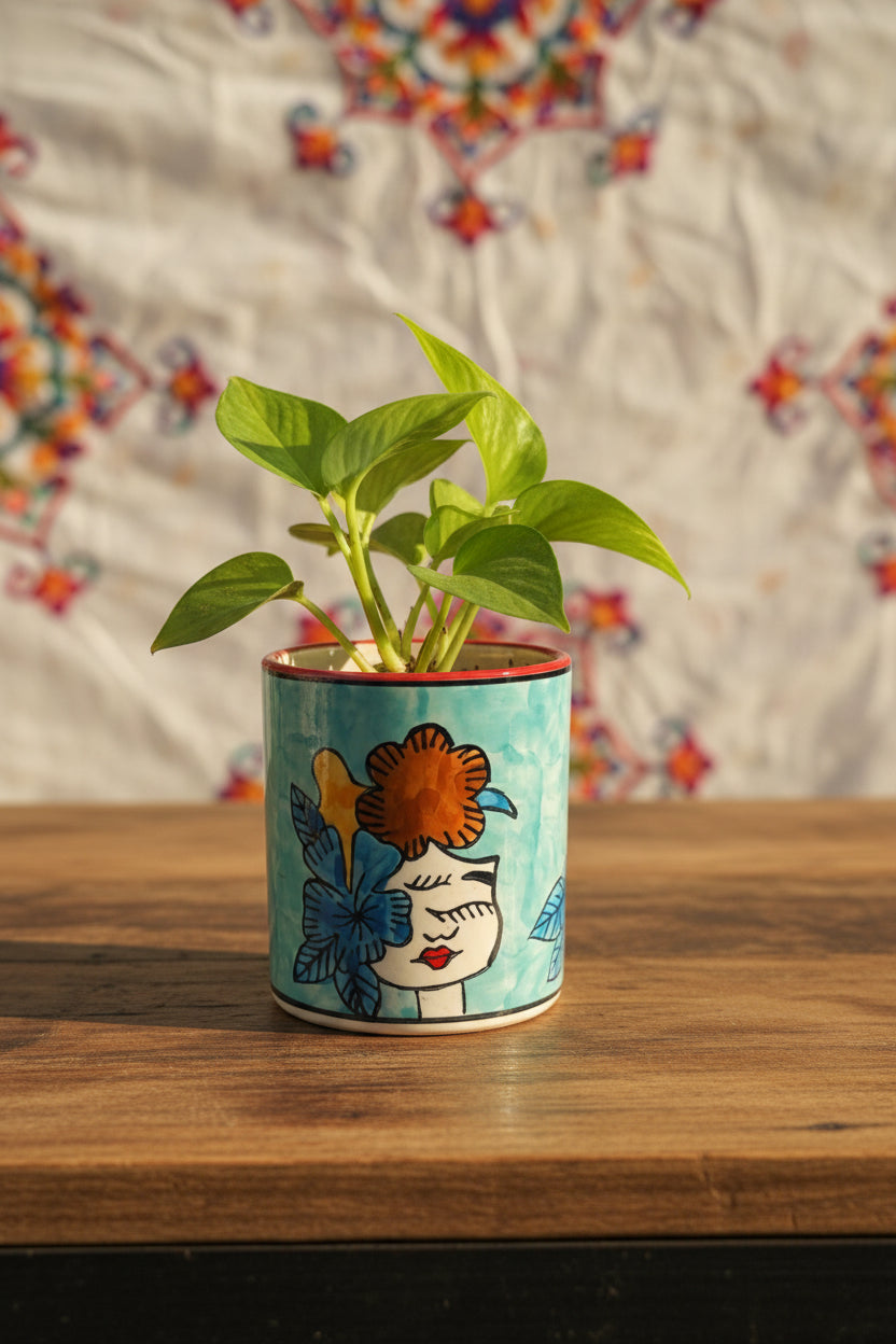 Hand-Painted Floral Girl Ceramic Holder | Multipurpose Planter, Vase & Organizer | 6 x 5 Inch | My Crockery Shop