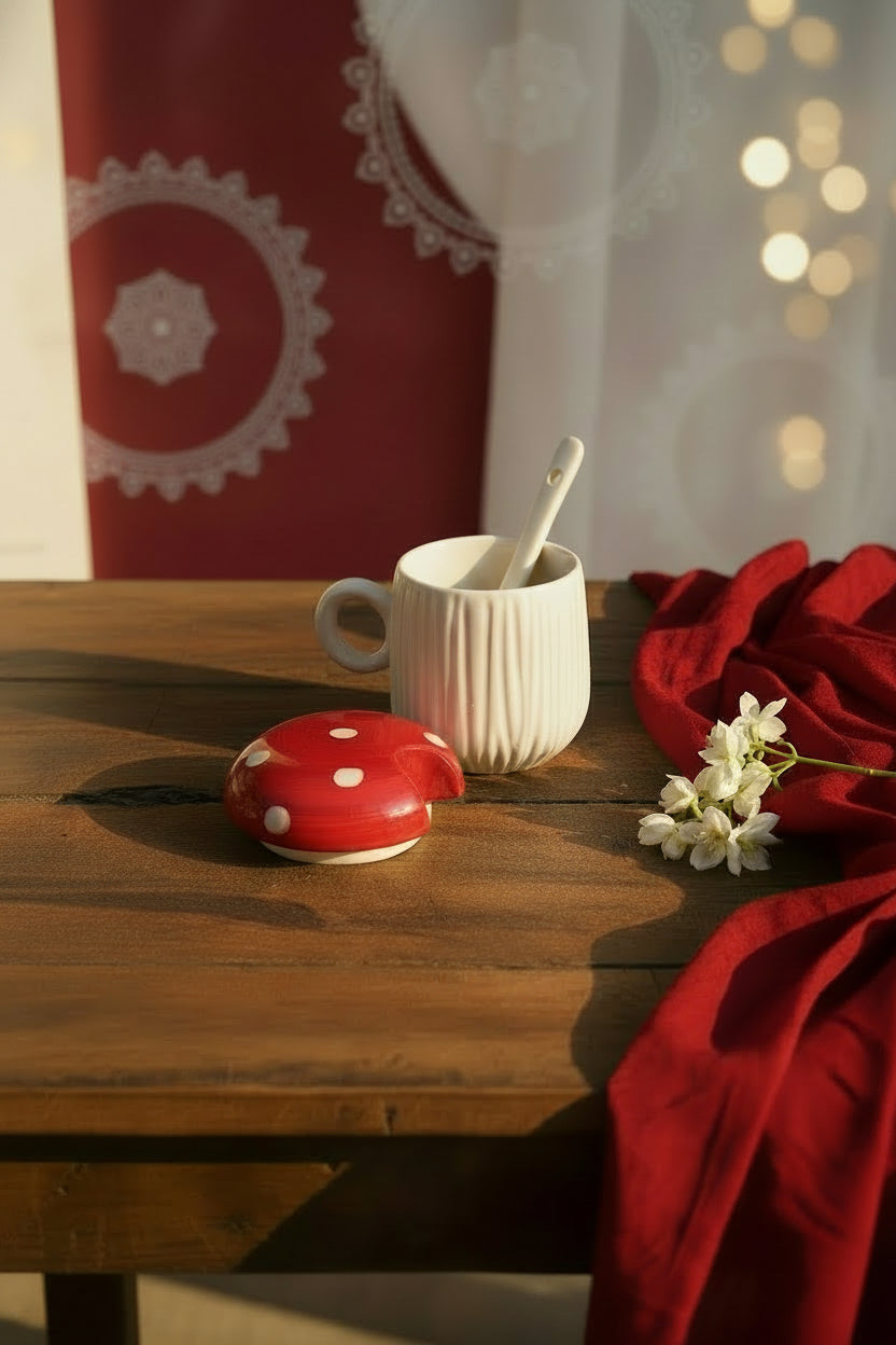 Mushroom Ceramic Mug with Spoon & Lid – 300 mL