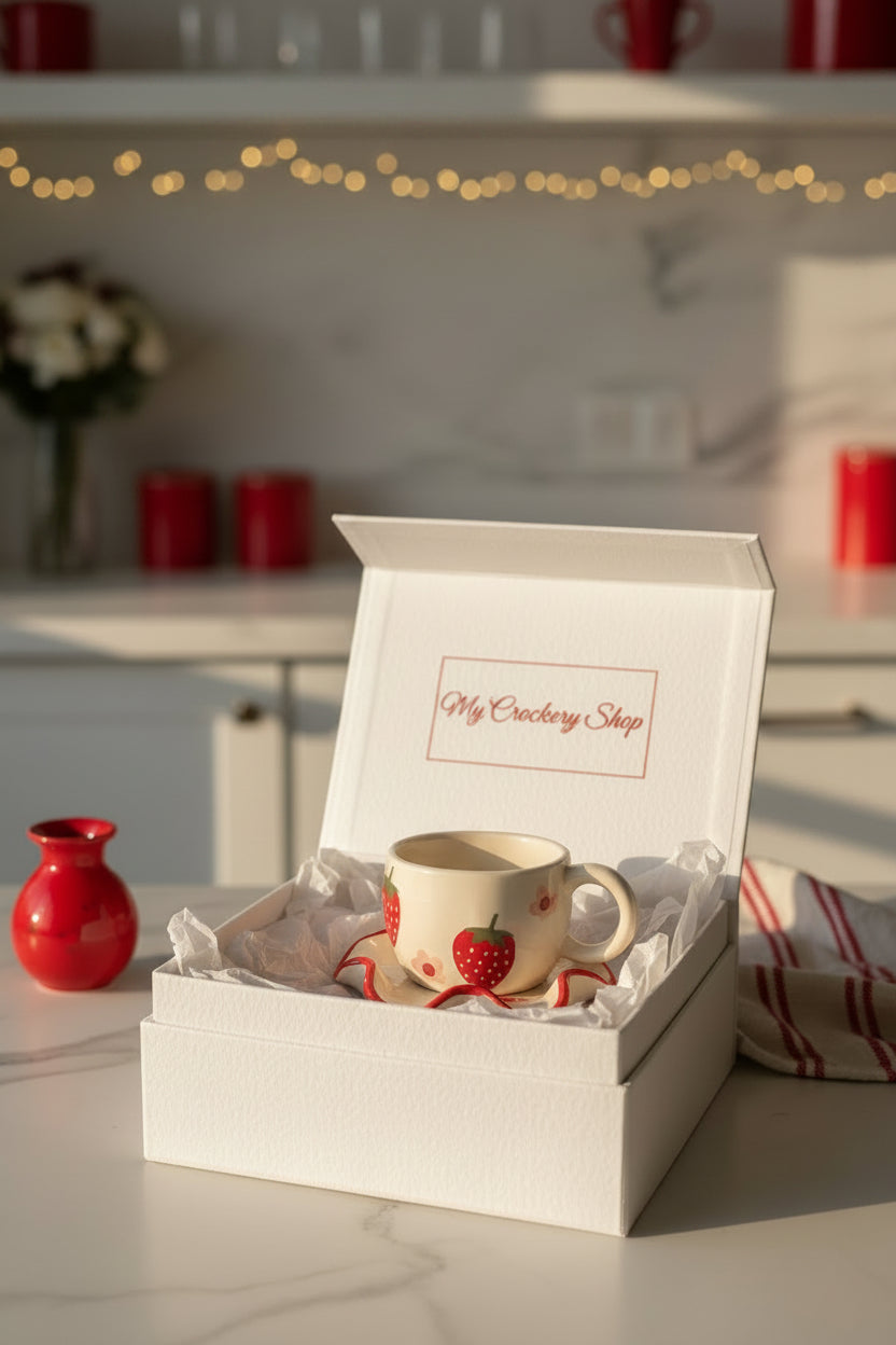 Strawberry Bliss Ceramic Cup & Spiral Saucer Set – Handcrafted Collection