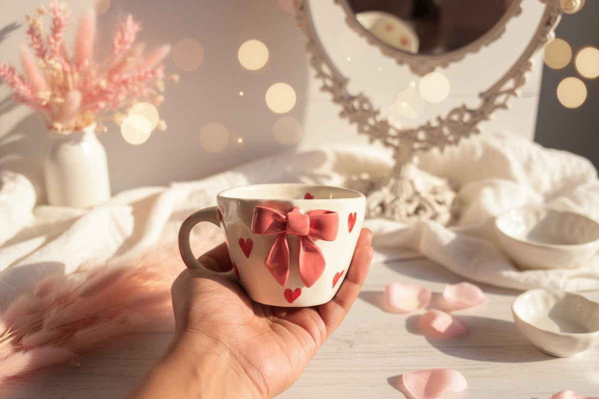 Blush Bow Heart Mug – 220 mL 🎀💕
 ( set of 1)