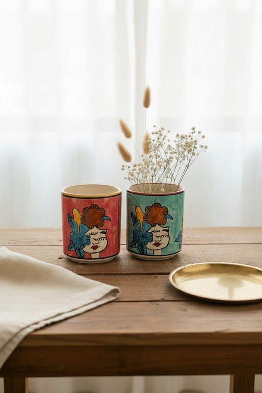 Hand-Painted Floral Girl Ceramic Holder | Multipurpose Planter, Vase & Organizer | 6 x 5 Inch | My Crockery Shop