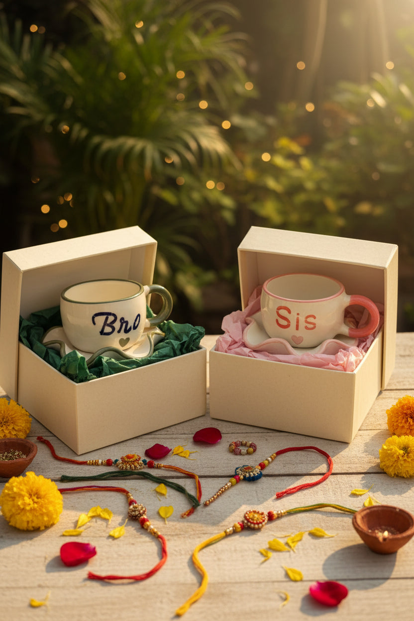 Bro & Sis Ceramic Mug & Saucer Set – Raksha Bandhan Gift Set | 220 mL | Microwave Safe