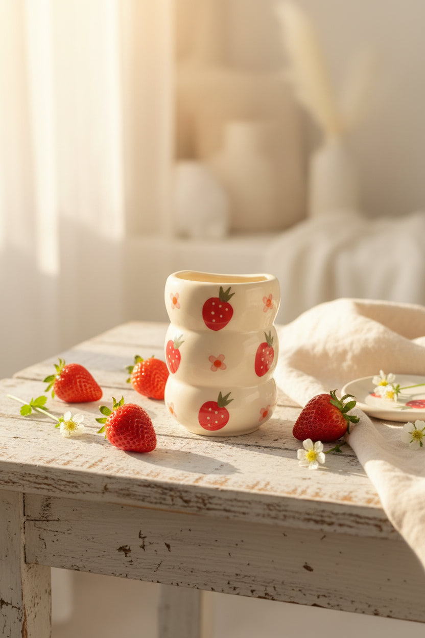 Strawberry Swirl Hand-Painted Ceramic Sipper with Glass Straw | 300 mL