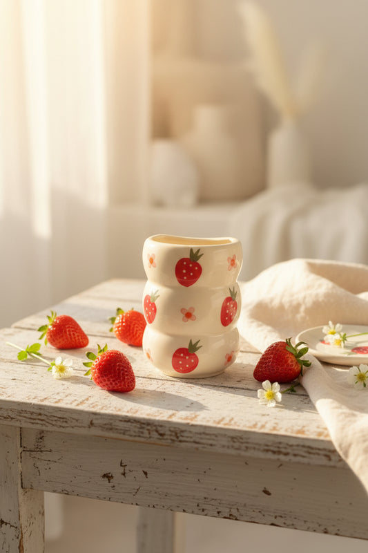 Strawberry Swirl Hand-Painted Ceramic Sipper with Glass Straw | 300 mL