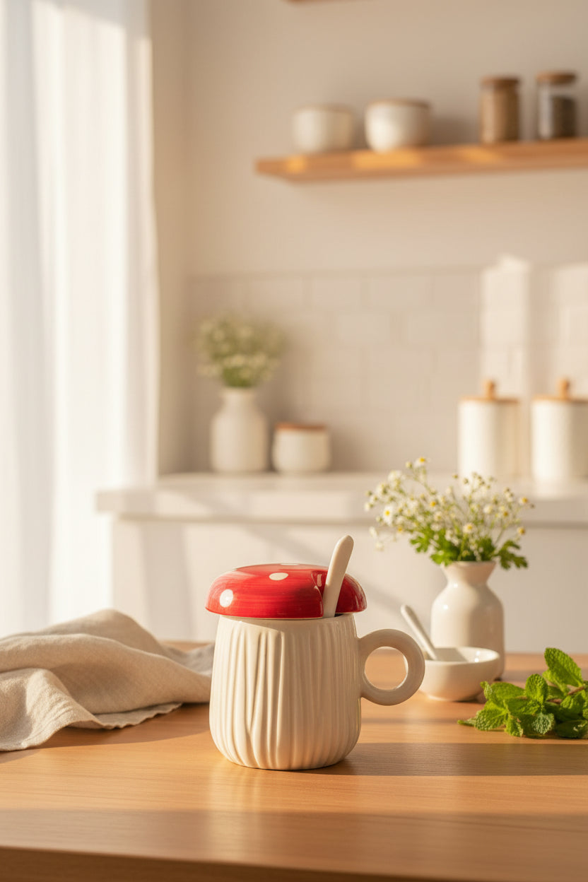Mushroom Ceramic Mug with Spoon & Lid – 300 mL