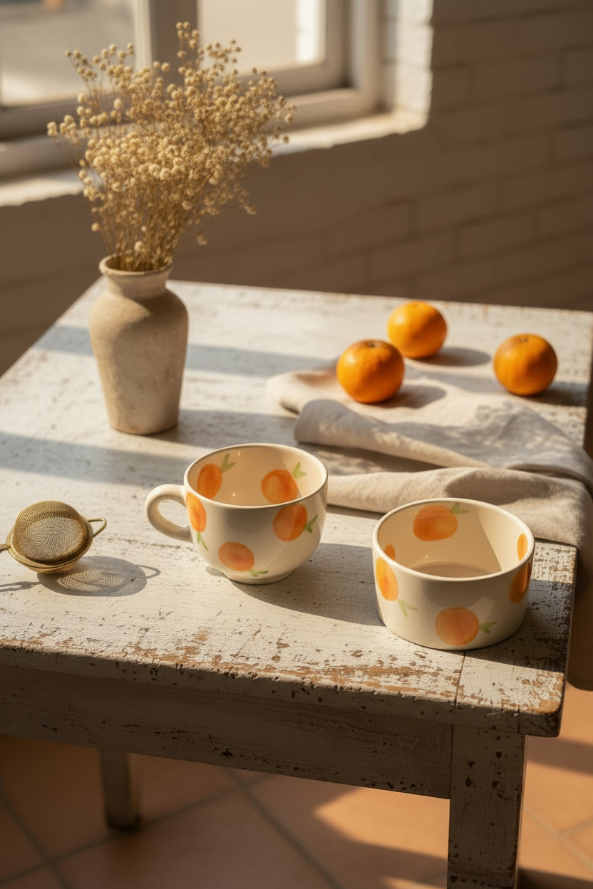 Citrus Bliss Ceramic Mug & Bowl Combo – Handpainted Orange Collection