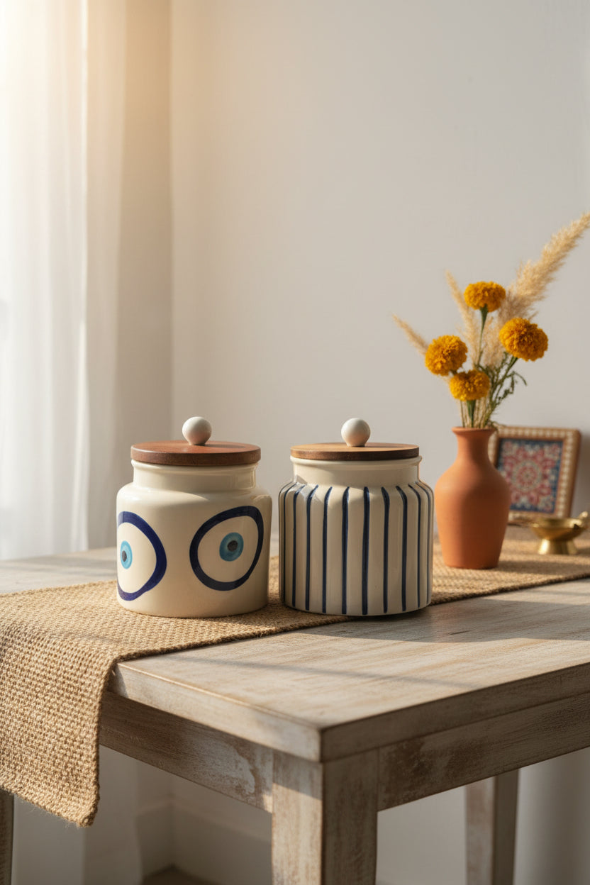 Handpainted Ceramic Airtight Storage Jar with Wooden Lid – 500 mL